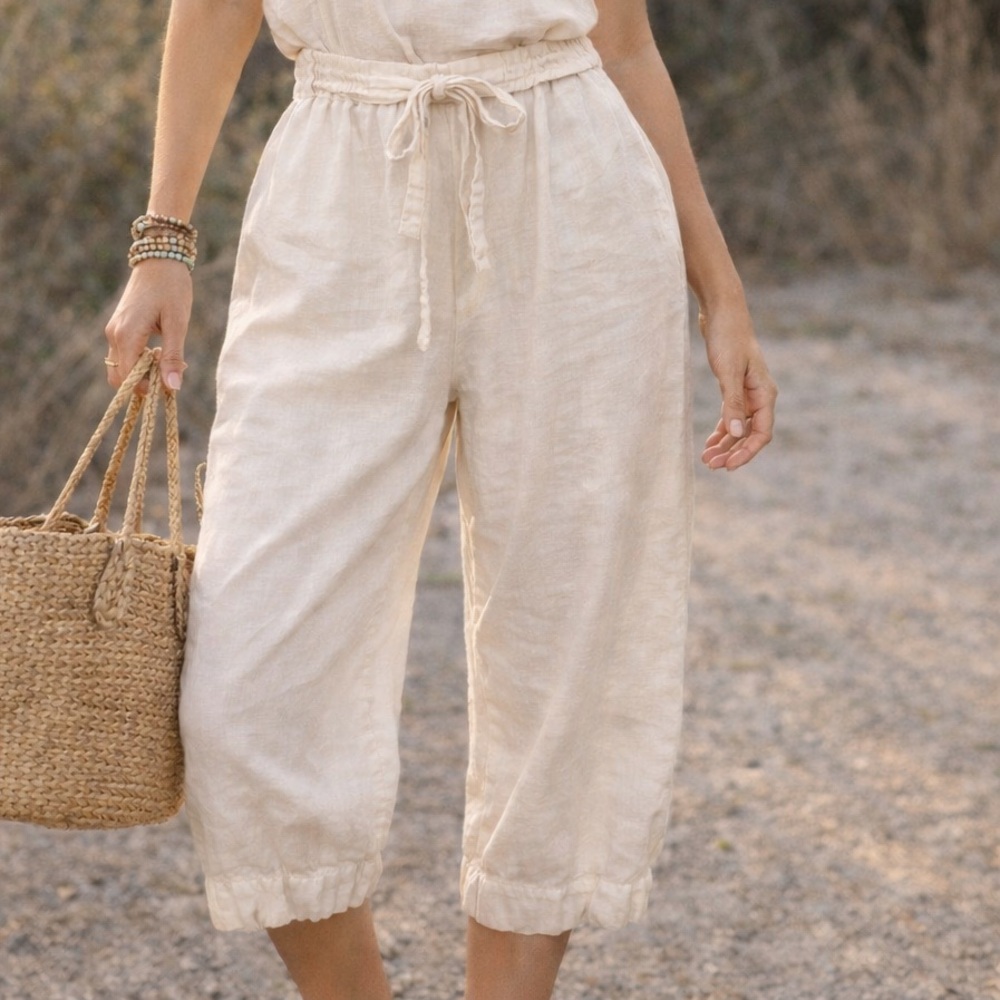 Zara Ivory Linen Cropped Pants | Drawstring Boho Summer Trousers Lagen Size L